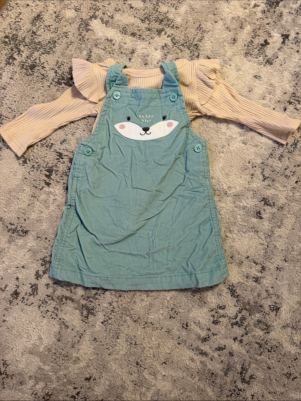 Carter's Teal Corduroy Fox Pinafore with Cream Ruffle Top
